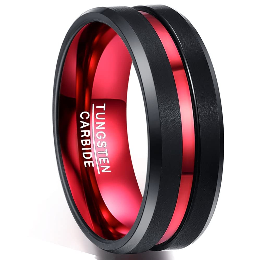NUNCAD Anillo rojo y negro para hombre de 8 mm, anillo de compromiso de tungsteno con acabado mate negro, borde biselado de 8 mm, tamaño 10
