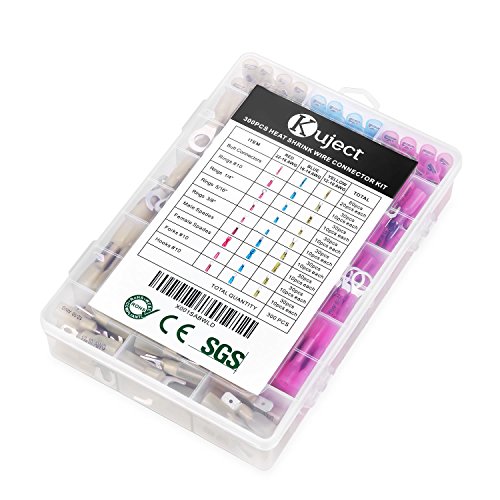 Kuject 300PCS Butt Connector Kit, Waterproof Electrical Crimp Wire Terminals, Include Ring Terminals (Copper Lugs), Spade Connectors, Hooks, Forks, Quick Disconnect Terminals for Automotive, Marine