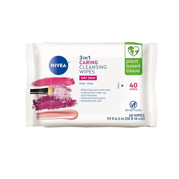NIVEA 3IN1 CARING CLEANSING WIPES FOR FACE AND EYES, EFFECTIVE AS A WATERPROOF MAKEUP REMOVER, GENTLE FACIAL CLEANSER FOR DRY AND SENSITIVE SKIN, 40 CT