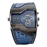 Jewelrywe Military Mens Watch Dual Quartz Blue Leather Wristwatch for Fathers Day Gifts