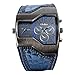 Jewelrywe Military Mens Watch Dual Quartz Blue Leather Wristwatch for Fathers Day Gifts