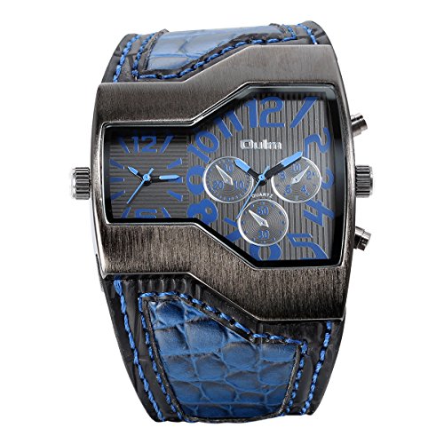 Jewelrywe Military Mens Watch Dual Quartz Blue Leather Wristwatch for Fathers Day Gifts