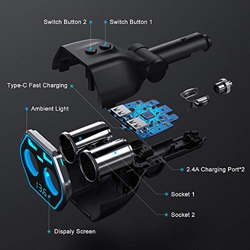 Car Charger,80W Dual USB Car Charger Adapter,A Type C Port and Two Cigarette Lighter Splitter Adapter Sockets with Switchs for GPS, Dashcam, SatNav, iPhone, IPad, Android Etc