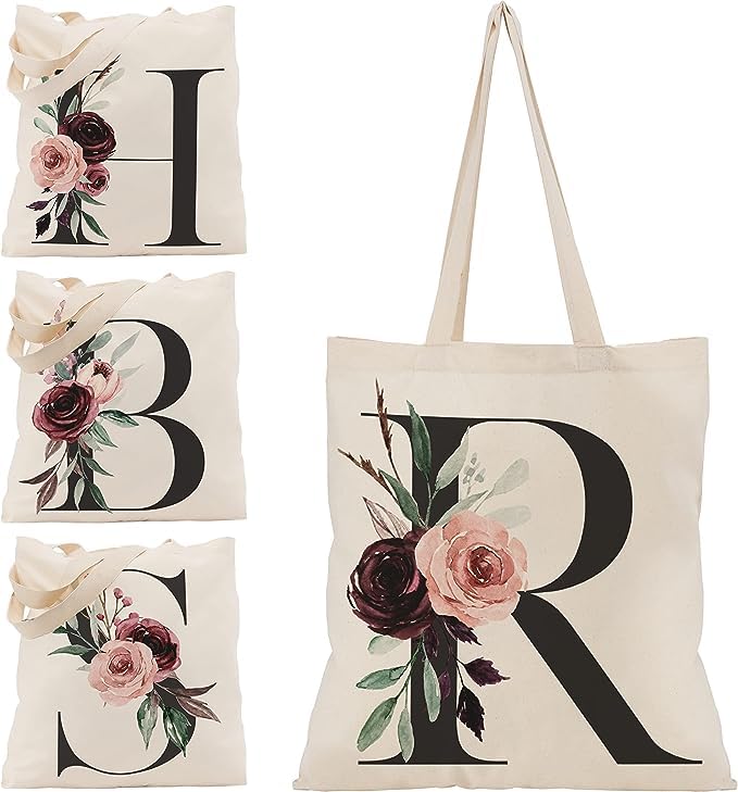 Floral Initial Canvas Bag Gifts for Women - 15"x16" Shoulder Tote Bags for Bridesmaids Hen Party Teacher Gift Shopping Bag C1 (Initial #R)