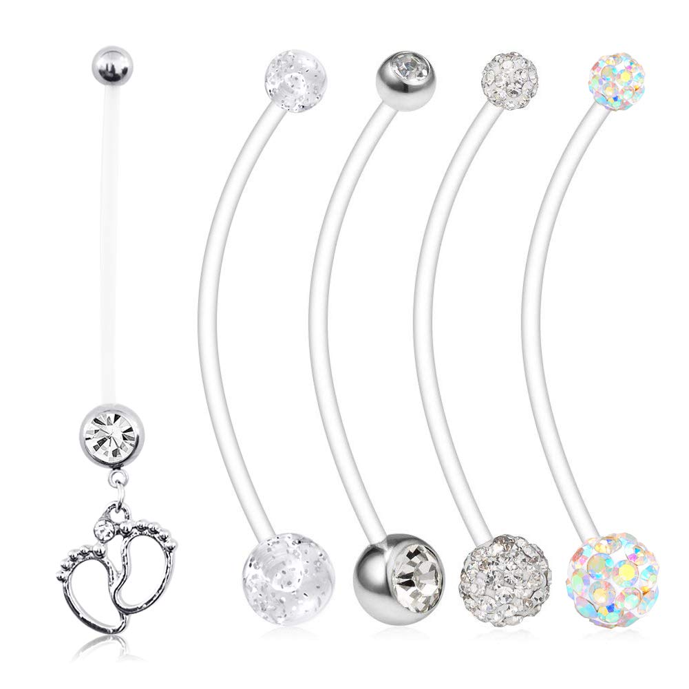 AceFun 5 PCS 14G Pregnancy Belly Button Rings Women Maternity Barbell Navel Body Piercing Jewelry Long Belly Rings 38mm Length -Silver Set