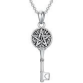 MEIDERBO Key Amulet Necklace 925 Sterling Silver Allah Hecate Triple Moon Goddess Tetragrammaton Pendant Necklace Key Wiccan Pagan Pentacle Jewelry Gifts for Women