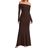 KUTUMAI Elegant Off Shoulder Long Sleeve Maxi Dresses for Women Fall Bodycon Fishtail Formal Wedding Guest Dress