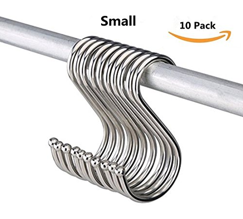 Soqool Stainless Steel Hooks Shower Curtain Rings/Hook 10 Pack S Shaped Hanger Closet Hanging Hooks Kitchen/Bathroom/Office Hooks for Hanging a Multitude of Items(Small)
