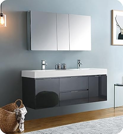 Amazon Com Fresca Valencia 60 Inch Dark Slate Gray Wall Hung Double Sink Modern Bathroom Vanity W Medicine Cabinet Furniture Decor