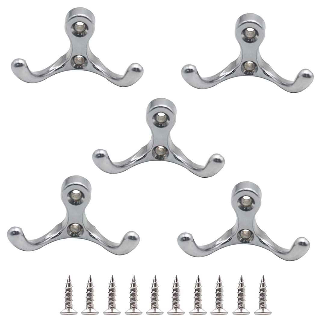 Hoshen 5-Piece Wall-Mounted Double-Fork Coat Hook, Zinc Alloy Double-Purpose Hook (Including 10 Screws), Suitable for European-Style Indoor and Outdoor Retro Home Decoration - Silver