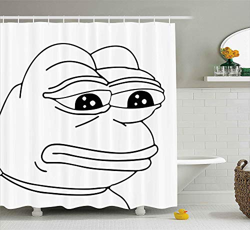 YVSXO Humor Decor Shower Curtain, Melancholic Frog Meme Cartoon Face Almost Crying Emotion Expression Design, Fabric Bathroom Decor Set with Hooks, 60W X 72L Inche, Black White