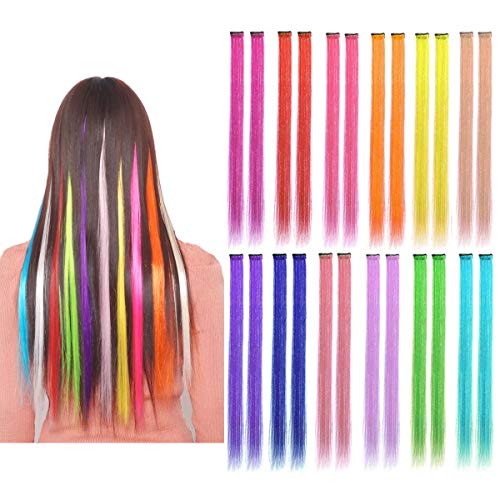 Kyerivs Colored Hair Extension 24 pcs Multi-Colors Party Highlights Clip in Synthetic Rainbow Hairpiece 22inch Straight Hair Halloween Cospaly Dress up Fashion Christmas Gift For Kids Girls 12 Color
