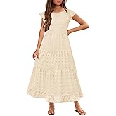 HOSIKA Girls Maxi Dress Ruffle Sleeve Swiss Dot A Line Tiered Flowy Casual Party Dresses with Pockets for 6-12 Y