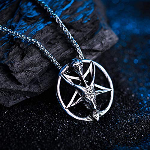 FaithHeart Collana con Pentacolo Invertito Baphomet Ciondolo Satanico Testa di Capra/Pentagramma Satana Sulfuro Occulto Alchimia Inversa Leviatano Croce Acciaio/Oro/Nero + Catena Regolabile