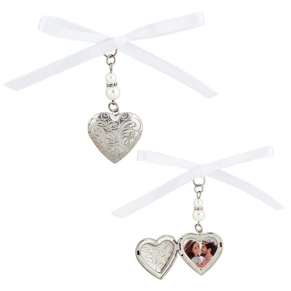SUPERFINDINGS 3PCS 316 Stainless Steel Wedding Bouquet Charms Locket Pendant Decorations with Acrylic Imitated Pearl Beads and Satin Ribbon Heart Rial Angel Photo Pendants