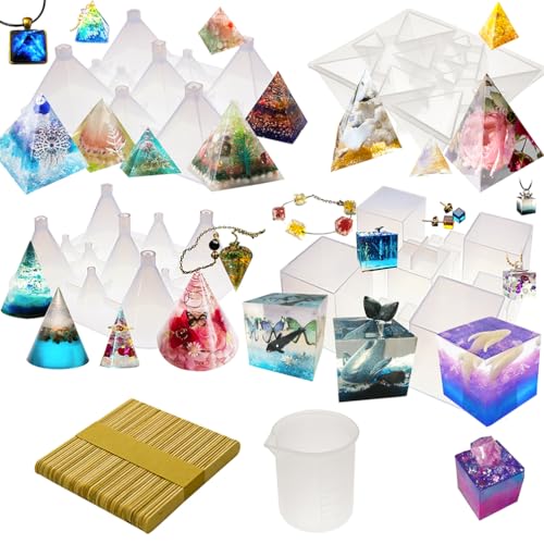 Pyramid Cone Cube Geometric Resin Silicone Molds Pack of 4 Trays, 100ml-Rubber-Measuring-Cup, 50-Wood-Stir-Sticks