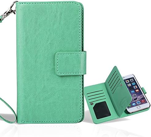 iPhone 7 Plus Case, OLVOO iPhone 7 Plus Wallet Case Secure Up and Down Flip Design Credit Card Slots Cash Holder Nickel Plated Press Stud Wrist Strap Magnetic Snap Closure (Grenn)