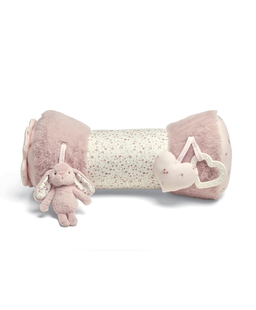 Mamas & Papas Tummy Time Roll, Interactive Soft Baby Pillow with Integrated Rattle, Welcome to The World, Pink