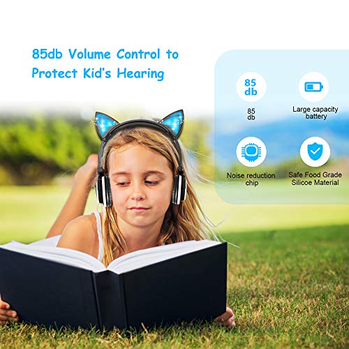 Esonstyle Kids headphones Over Ear with LED Glowing Cat Ears,Safe Wired Kids Headsets 85dB Volume Limited, Food Grade Silicone, 3.5mm Aux Jack, Cat-Inspired Pink Headphones for Girls (black)