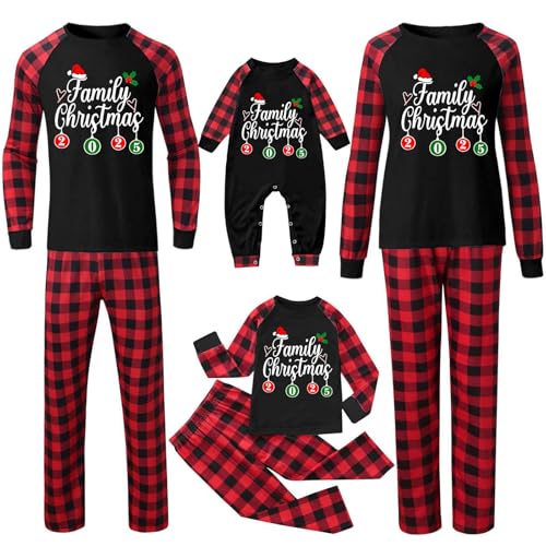 Family Pajamas Sets Christmas Pyjamas Matching Xmas Pjs Christmas Happy Letter Print Tops and Plaid Pants Nightwear Sleepwear for Women Men Kids Baby9 YearsA13-Black