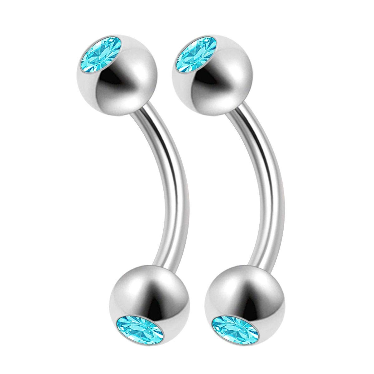 2PCS Steel Curved Barbell Bar 16 gauge 5/16 8mm 4mm Aquamarine Crystal Ball Cartilage Earring Eyebrow Piercing Jewellery 1444