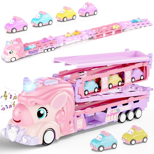 Hot Bee Magical Unicorn Toy Truck & Track Set for Girls Ages 2 3 4 5 6-6-in-1 Princess Car Play with Light Up Races & Sounds - Best Birthday Gift