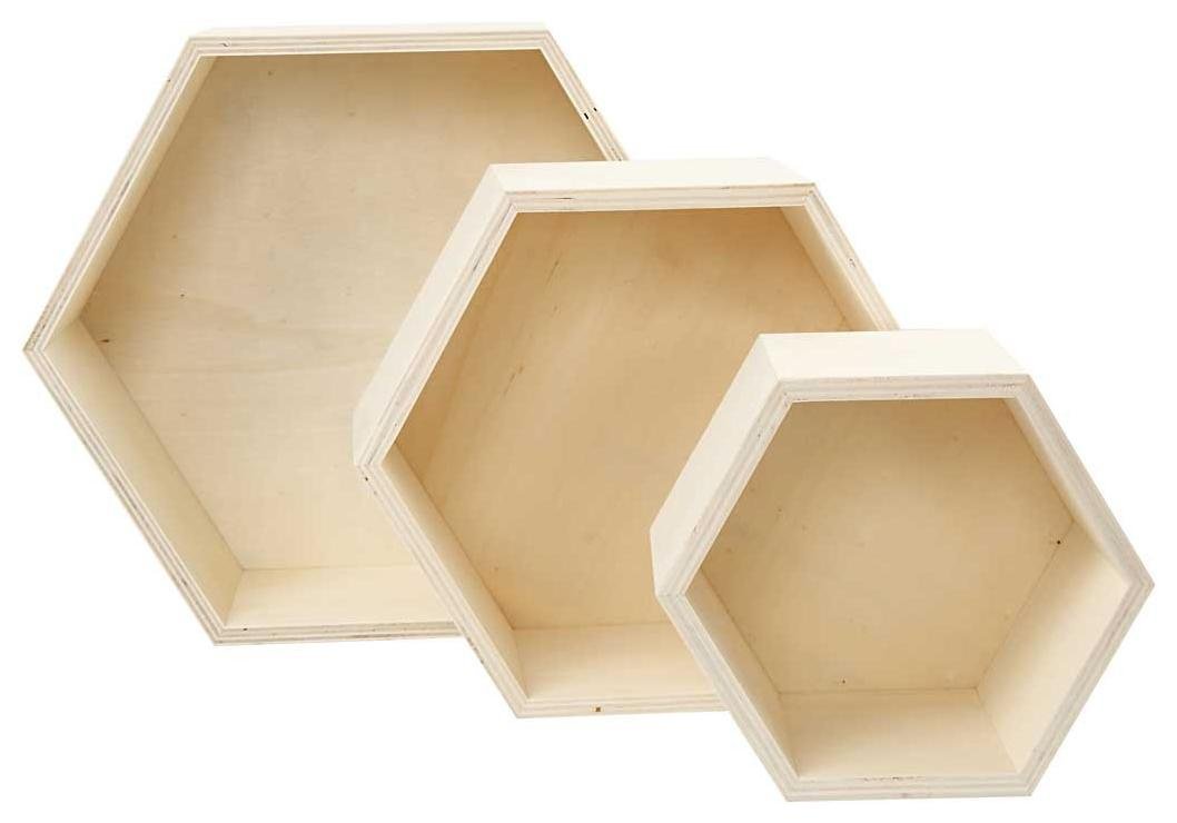 Creativ Company 56430 Hexagon Shelves, H: 14,8+19+24,2 cm, Depth 10 cm, Plywood, Hexagonal, 3 Assorted Shelves and Sizes