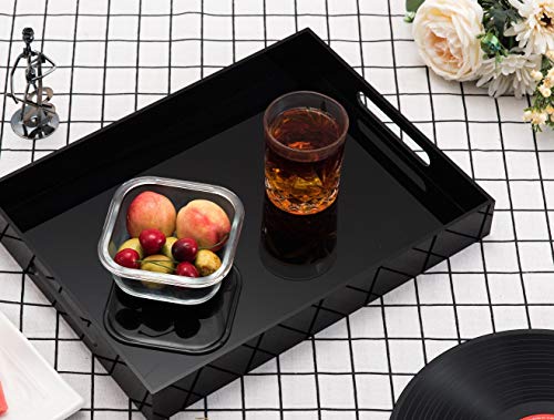 Glossy Black Sturdy Acrylic Serving Tray With Handles - 10x15 Inch for Coffee, Appetizer, Breakfast, Butler - Kitchen Countertop, Makeup Drawer Organizer, Vanity Table, Ottoman, Decorative