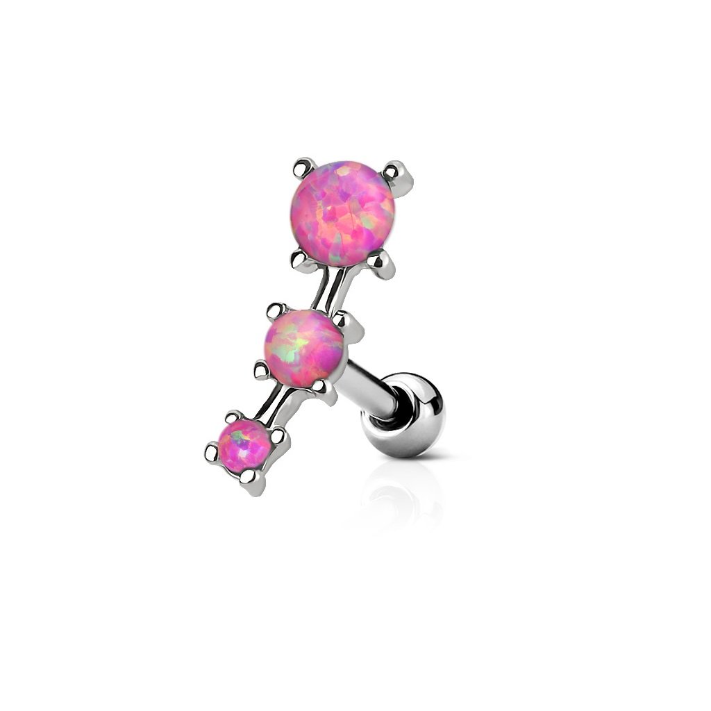 PiercedOff 316L Surgical Steel Externally Threaded Cartilage Barbell with Triple Pink Synthetic Opals - Thickness 16GA (1.2mm) / Bar Length : 6mm / Ball Size 3mm / Top length 14mm
