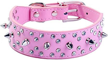Pet Rivet Spikes Studded Bling Rhinestone Leather Collar for Medium &amp; Large Dogs Adjustable (M, Pink)