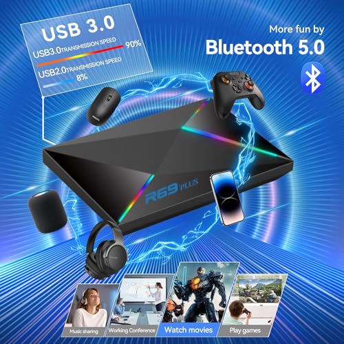 EASYTONE Android TV Box 14.0 2025, 4GB RAM 32GB ROM Android 14 TV Box 4K 8K WIFI6 1000M Ethernet Smart TV Boxes HDR10 R69 Plus H728 Octa-core TV Boxes Support 3D 2.4G 5.8G Dual WiFi BT5.0 USB 3.0