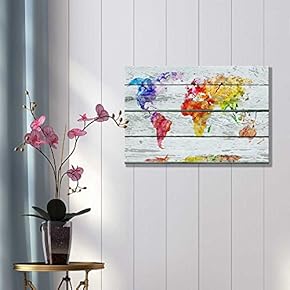 Canvas Prints Wall Art - Abstract Colorful World Map on Vintage Wood Background Rustic Home Decoration - 12" x 18"