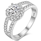 Uloveido Women Round Brilliant Cubic Zirconia 2-Row Split Shank Anniversary Ring Silver Color Unique Bridal Jewelry J510