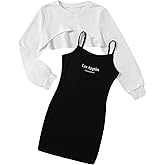 WDIRARA Girl's 2 Piece Long Sleeve Crop Sweatshirt and Letter Print Rib Knit Cami Dress Set