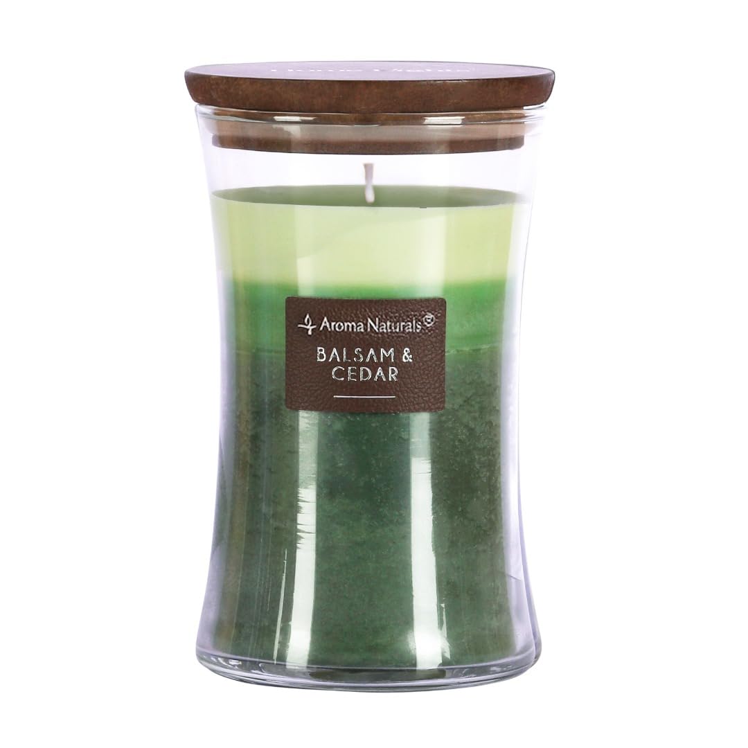 Aroma Naturals 3-Layer Scented Candles, 21.52 oz Large Candle with Hourglass, Aromatherapy Candles Burns Up to 100 Hours, Natural Soy Wax Candle for Home, Wooden Lid (Balsam & Cedar)