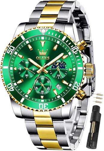 OLEVS Watches for Men Classic with Date Business Dress Luxury Big Face Green/Black/Blue Waterproof Luminous Mens Wrist Watch Analog Two Tone Stainless Steel Men Watch