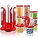 Fun Life 25-Piece Food Storage Container Set with Rotating Rack, Durable Plastic Canister Jar with Red Lids, Perfect for Flour, Sugar, Cereals, BPA Free, Leakproof, Microwave/Freezer (1)