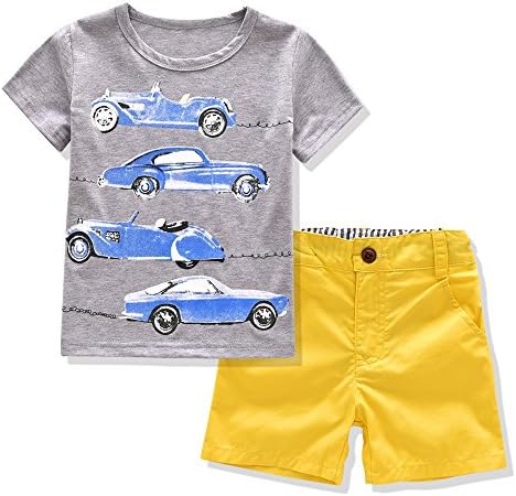 Short Sets, Gmayoo Little Boys Summer Fashion Short Sleeve Cotton Clothing Sets(5 For 4-5 Years,Gray shirt printed with blue cars)