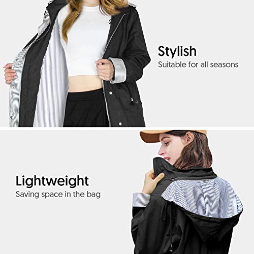 bedee Women's Raincoats Windbreaker RainJackets Waterproof Ourdoor Hooded Trench Coats Black - Thumbnail 4