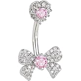 Niaspi 14G Rhinestone Bowknot Belly Button Rings for Women Cute Surgical Steel CZ Heart Bow Navel Ring 3/8" 10mm Curved Barbell Dainty Body Piercing Jewelry