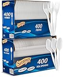 Settings Plastic White 400 Forks and 400 Teaspoons, Disposable Cutlery, Great for Home, Office, School, Party, Picnics, Restaurant, Take-Out Fast Food, Outdoor Events, Or Every Day Use, 2 Boxes