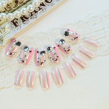 Buy Homely Bent Square Pink Silver Stripe Acrylic Nails Rhinestone
