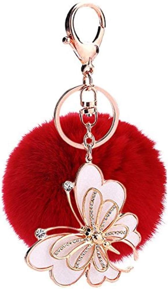 La Tartelette Novelty Keychain with Plush Cute Artificial Rabbit Fur Key Chain for Car Key Ring Bag Purse Charm - Butterfly Accessories (Red)