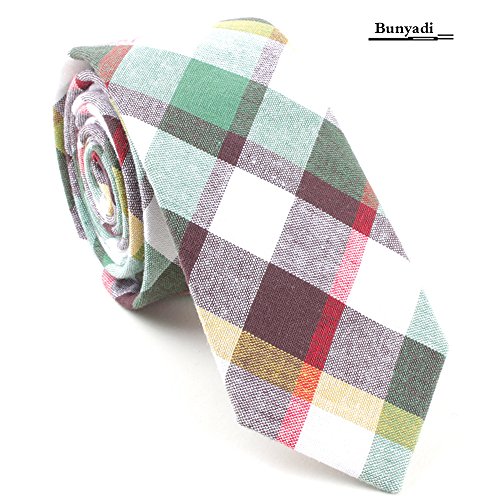Bunyadi Men's Skinny Casual Plaid Tie Print Cotton Necktie (Green-brown)