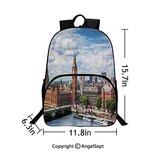 Preschool Children Bookbag,Extensive Cityscape With Big Ben Westminster Bridge on River Thames and Clouds Image 15.7" Multicolor,Travel & Hiking Backpack Daypack Bag Organizate Textbooks and Pens