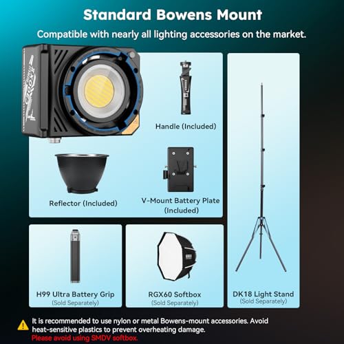 SIRUI C300XII 310W Bi-color COB Video Light, 0.96kg Bowens Mount Lamp, 2700K - 6500K, CRI 96+, Support V-Mount Battery and AC/DC Power, App Control for Photography and Photo Studio