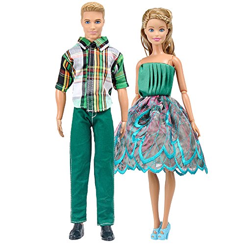 E-TING Fashionista Outfit Clothes T-Shirt Pants Casual Suit Couple Dating Clothing Accessories Shoes for Barbie Ken Dolls (Green)