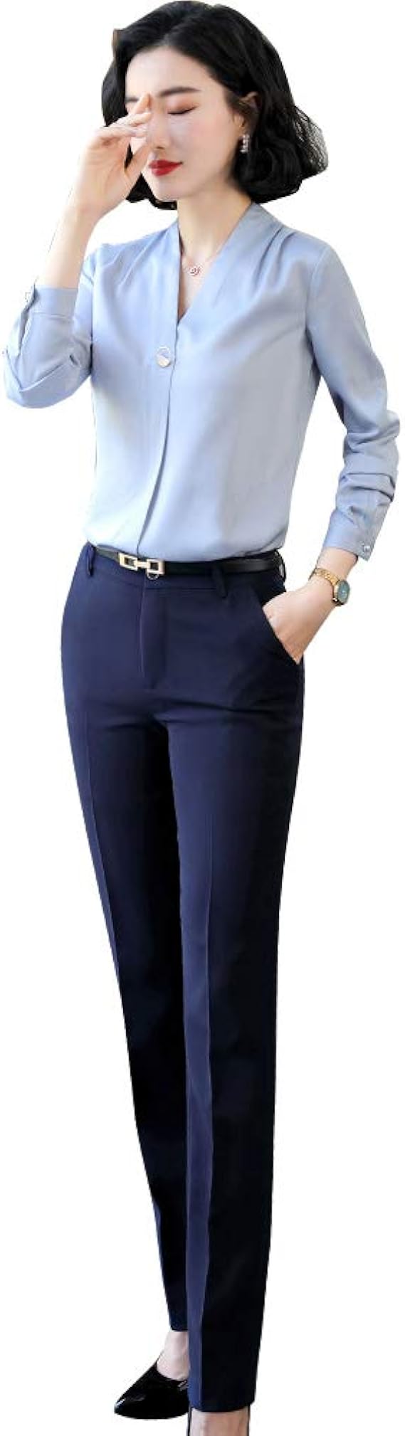 Amazon レディースシャツ 長袖 サテン カジュアルシャツ ストライプ 2点セット 台襟 スタンド襟 Vネック ノーアイロン 洗濯可シャツ スタンド襟 大学生 キャスタ 制服スーツ 出勤求職面接 Ol事務所服 工装 白 黒 ブルー 緑 赤 オレンジ S Xxxxl 多型 シャツ ブラウス