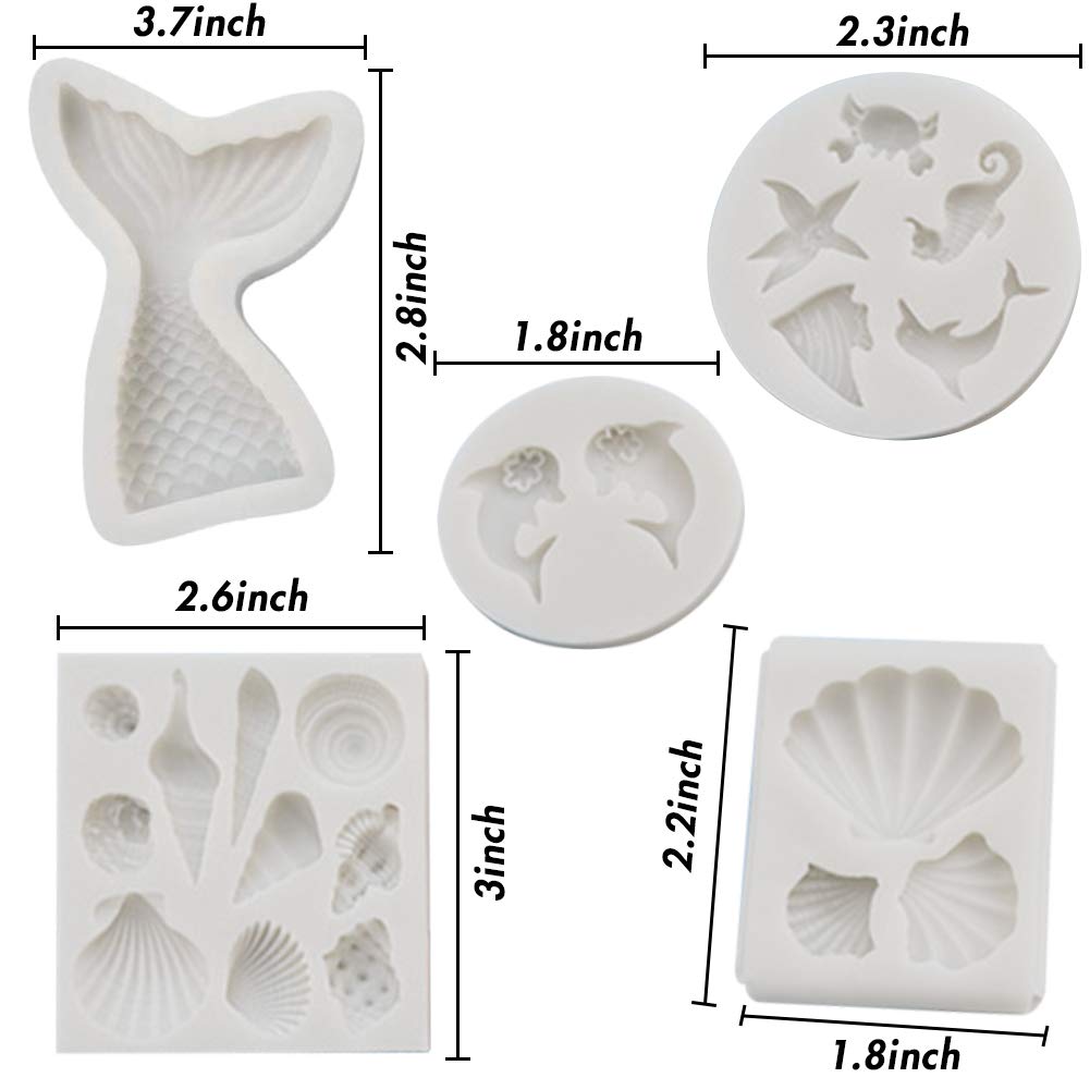 Koogel 21pcs Marine Theme Fondant Silicone Mold,Mermaid Chocolate Mold Mermaid Tail Mold Seahorse Dolphin Seashell Starfish Mold for Cake Decoration Candy Polymer Clay Sugar Craft