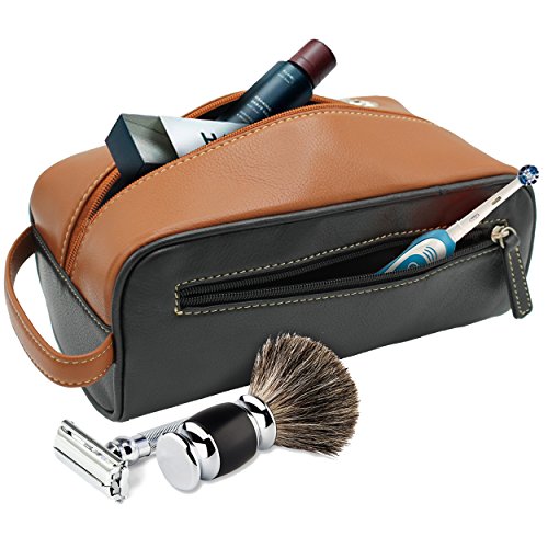 Personalized Toiletry Dopp Shaving Bag Case - Mens Leather Travel Kit - Custom Monogrammed for Free (Black and Brown Leather)